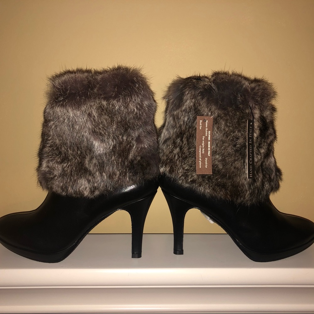 Made in Italy - 3” heel leather boots with rabbit fur trim